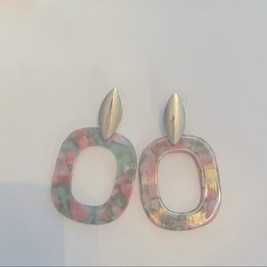 Pink and green acrylic gold plated earrings; lightweight; good condition!